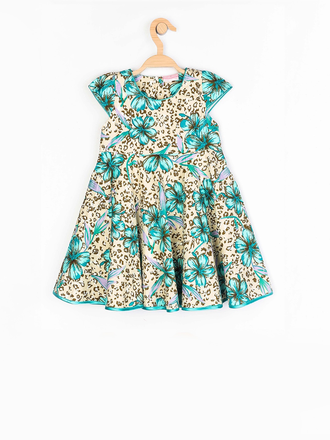 

Peppermint Girls Beige & Sea Green Printed A-Line Dress