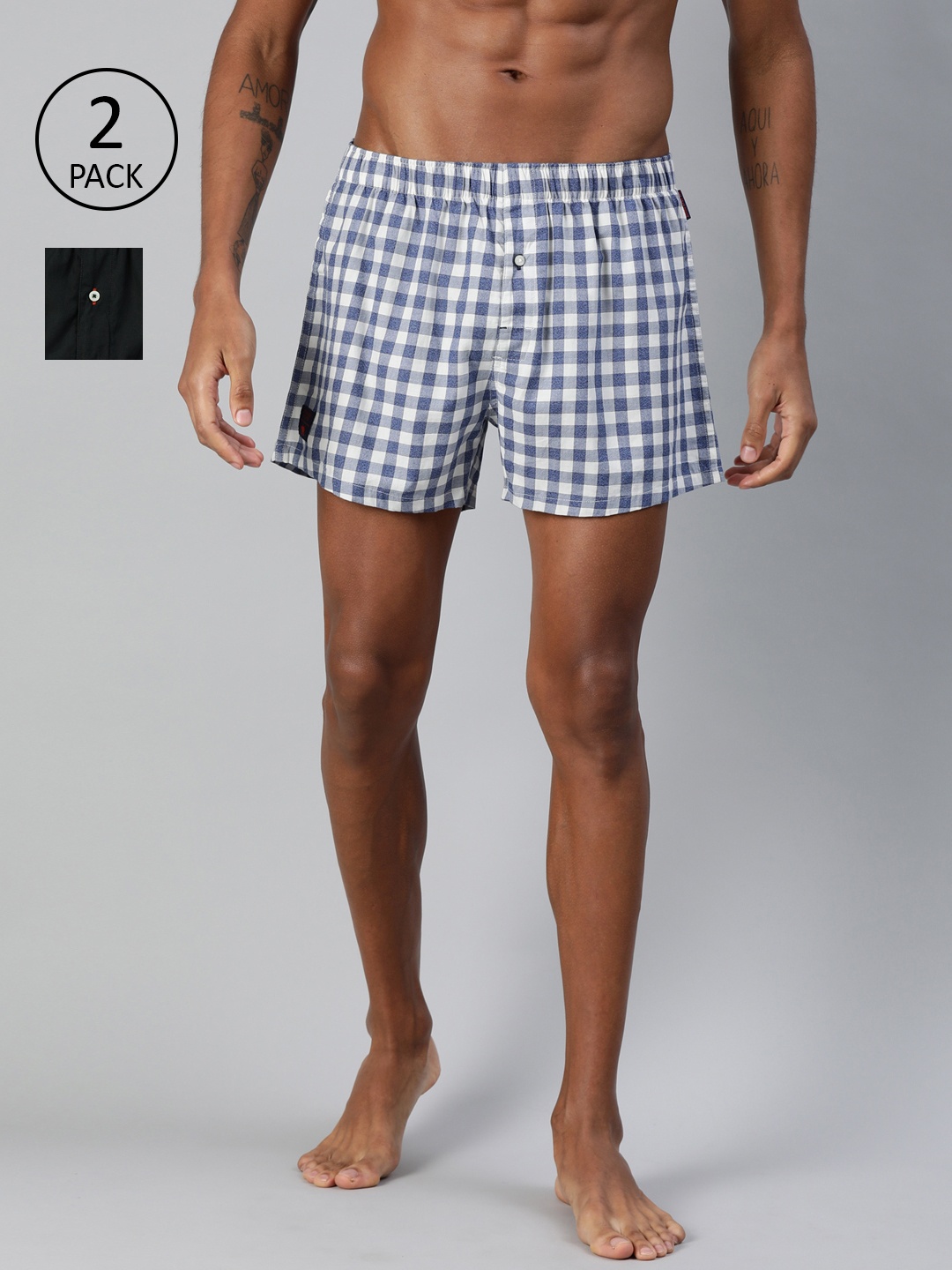 

THE BEAR HOUSE Men Pack of Two Checked Woven Pure Cotton Boxers TBH-SPARK, White
