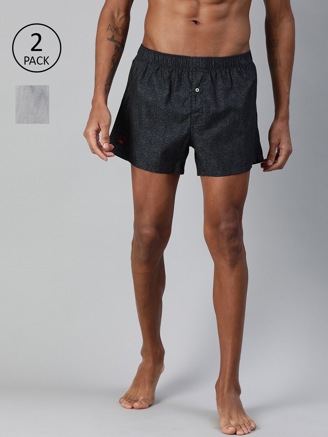 

THE BEAR HOUSE Men Pack of 2 Printed Pure Cotton Boxers TBH-SPENCER, Navy blue