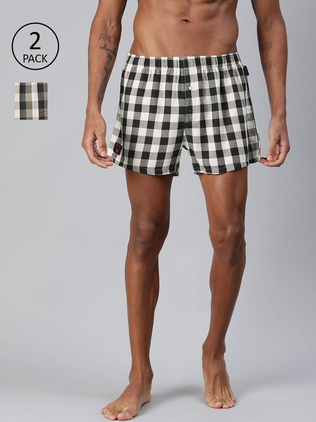 

THE BEAR HOUSE Men Pack of 2 Black & White Checked Pure Cotton Boxers TBH-BODI