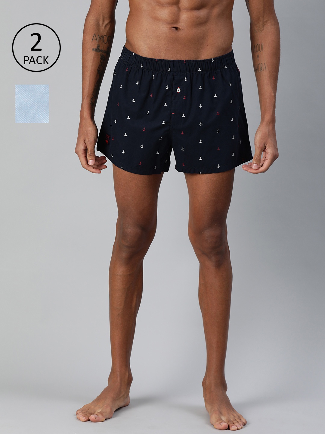 

THE BEAR HOUSE Men Pack of 2 Printed Pure Cotton Boxers TBH-WONDER, Navy blue