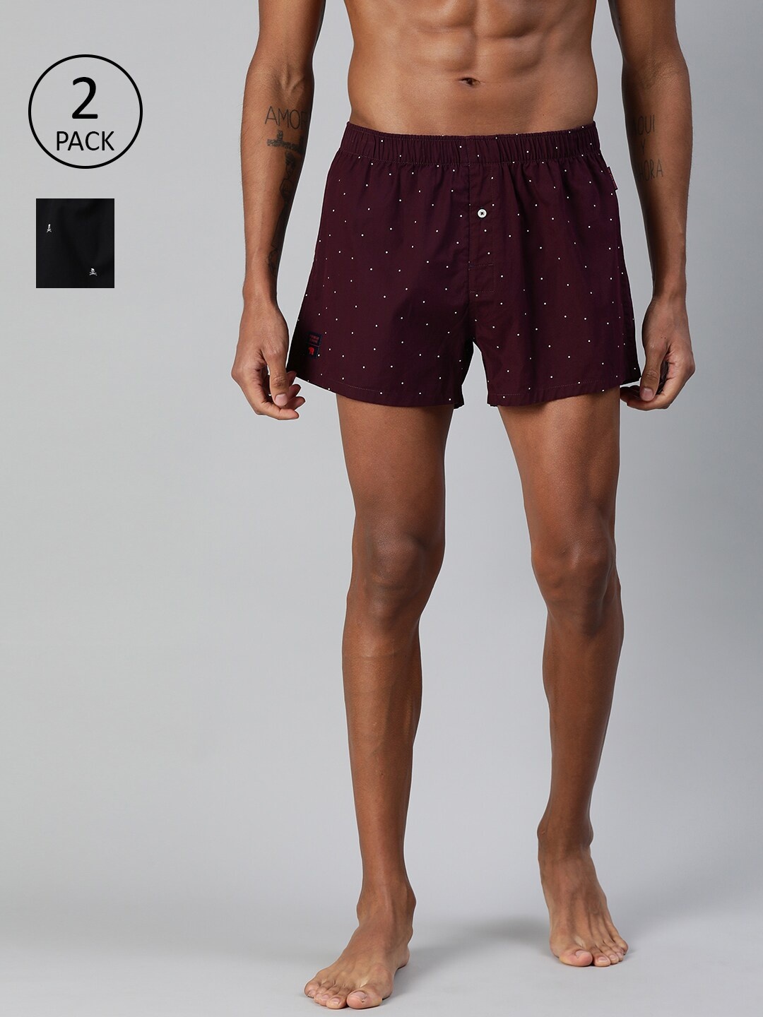 

THE BEAR HOUSE Men Pack of 2 Burgundy & Black Printed Woven Pure Cotton Boxers TBH-PIXY