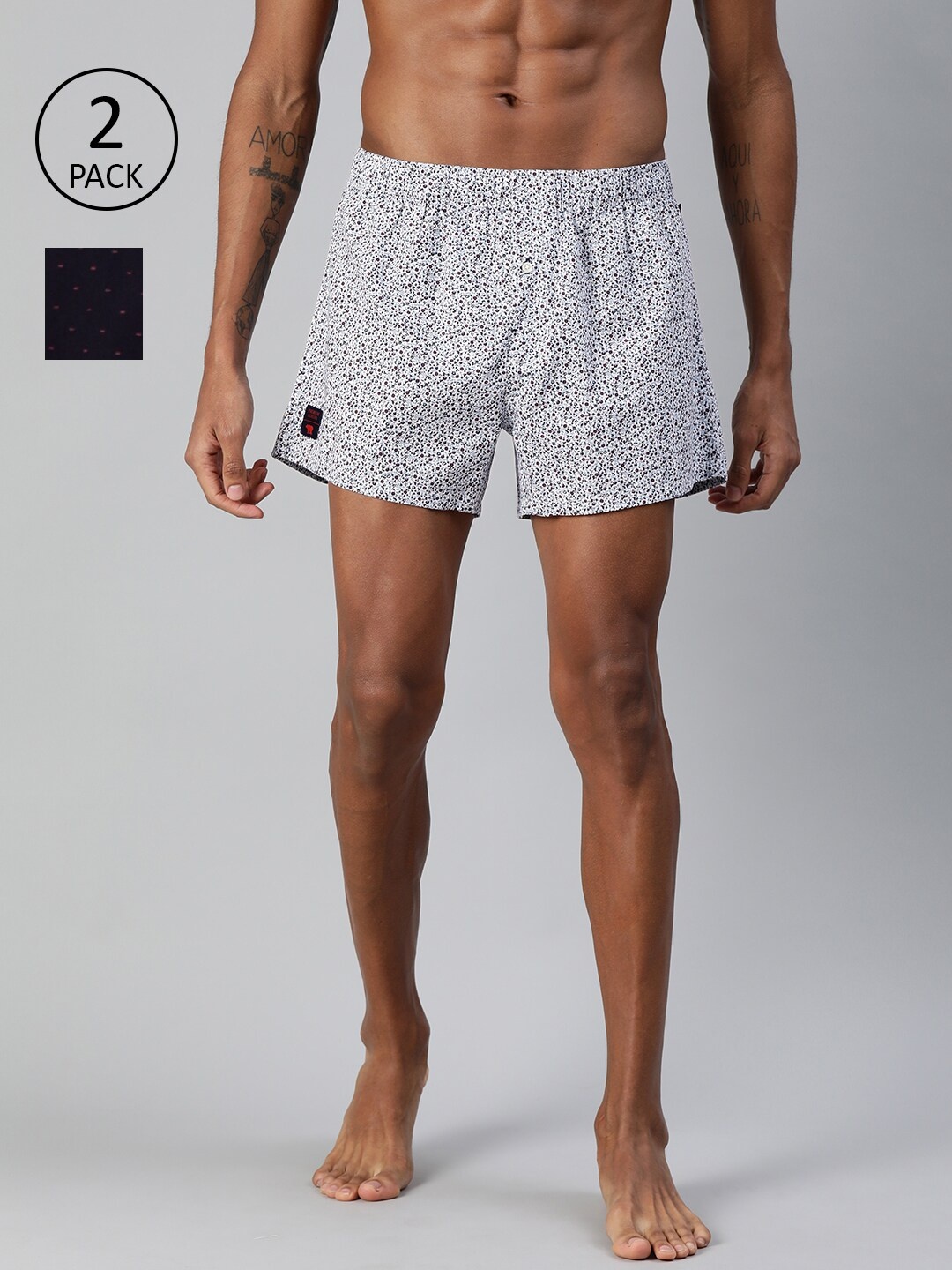 

THE BEAR HOUSE Men Pack of 2 White & Black Printed Woven Pure Cotton Boxers TBH-BRINK