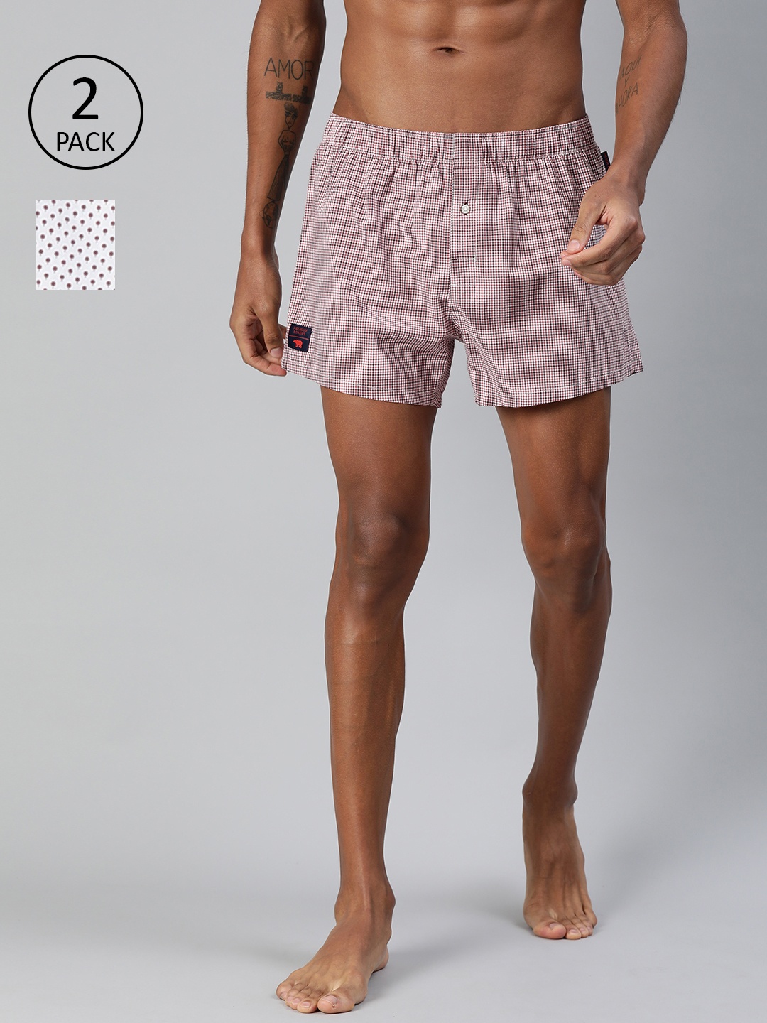 

THE BEAR HOUSE Men Pack of Two Red & White Checked Woven Pure Cotton Boxers TBH-MYST