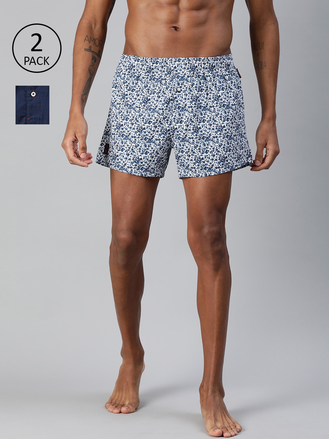 

THE BEAR HOUSE Men Pack of 2 White & Blue Printed Woven Pure Cotton Boxers TBH-FARO