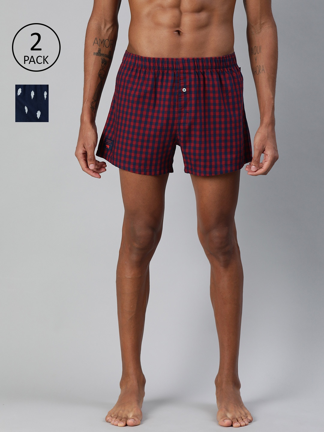 

THE BEAR HOUSE Men Pack of 2 Red & Navy Blue Woven Pure Cotton Boxers TBH-TETRIS