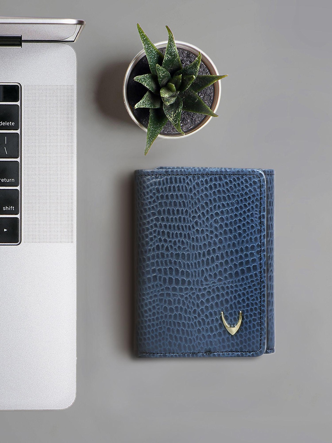 

Hidesign Men Blue Snakeskin Textured Three Fold leather Wallet