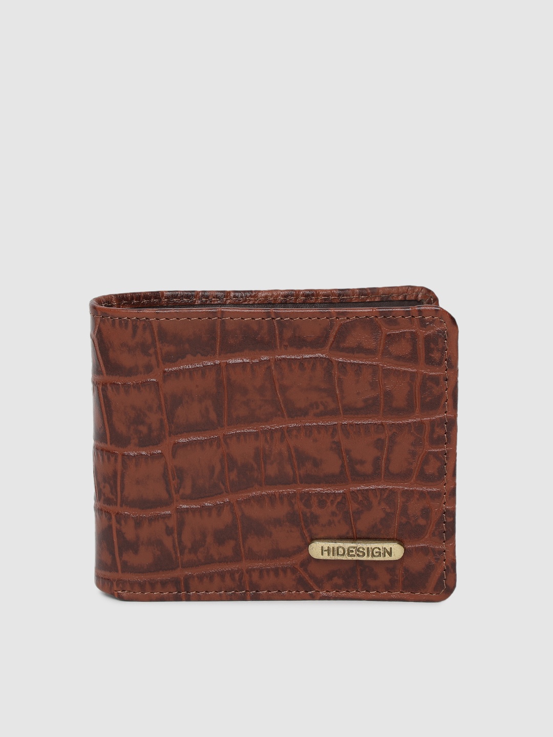 

Hidesign Men Tan Brown Crocodile Skin Textured Two Fold Leather Wallet