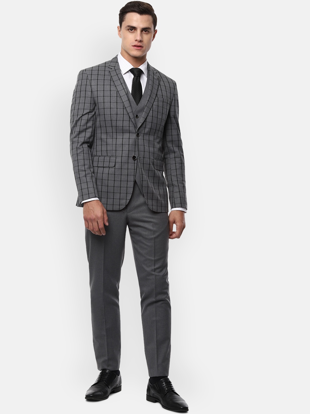 

Louis Philippe Men Grey Checked Slim-Fit Single-Breasted Formal Three-Piece Suit