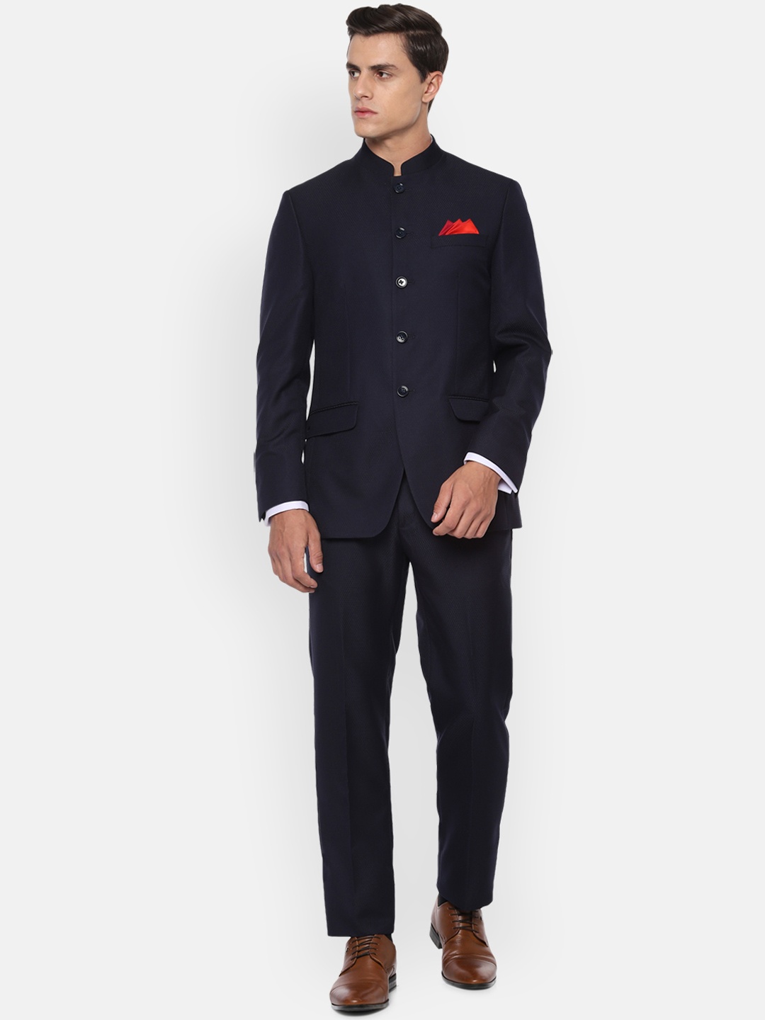 

Louis Philippe Men Navy Blue Self Design Bandhgala Formal Suit