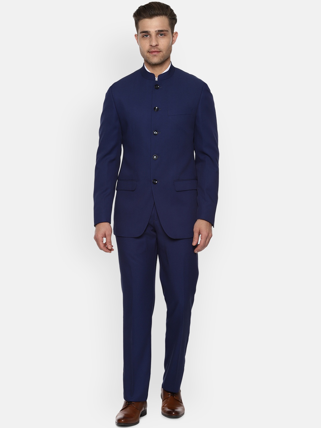 

Louis Philippe Men Navy Blue Self Design Bandhgala Formal Suit