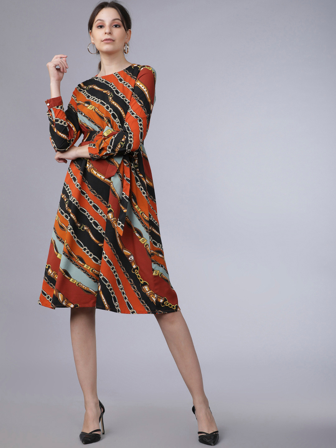 

Tokyo Talkies Women Rust & Black Printed Fit and Flare Dress
