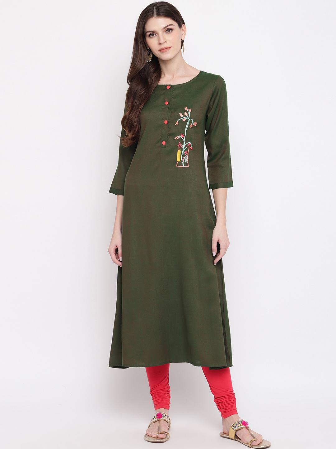 

Vbuyz Women Olive Green Embroidered A-Line Kurta