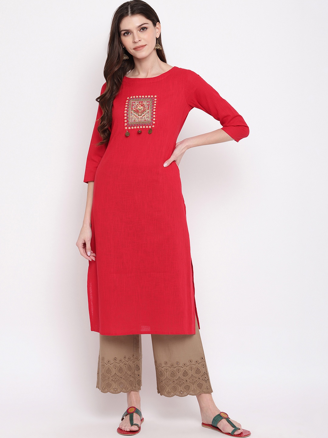 

Vbuyz Women Red Embroidered Straight Kurta