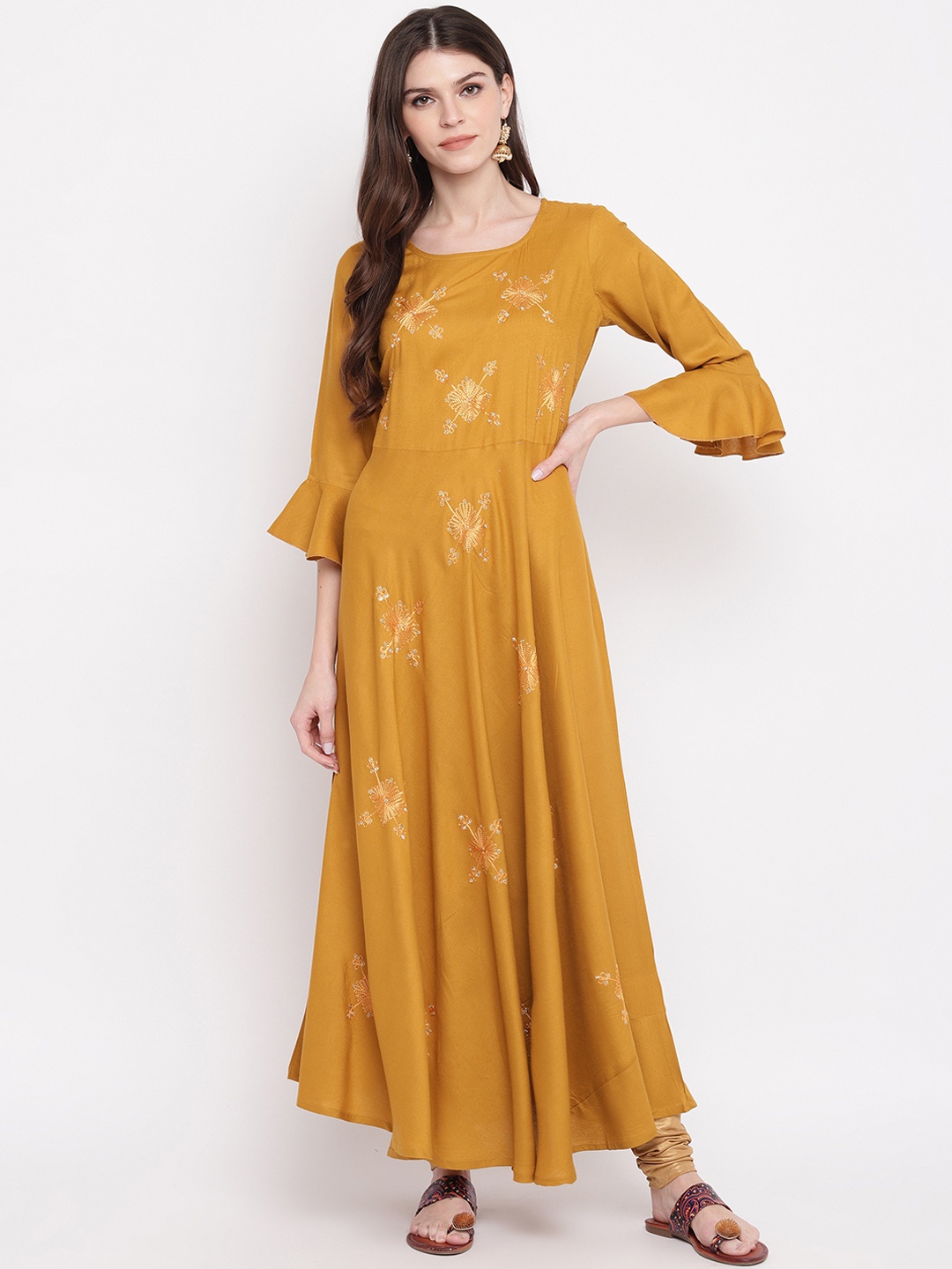 

Vbuyz Women Mustard Yellow Embroidered Anarkali Kurta