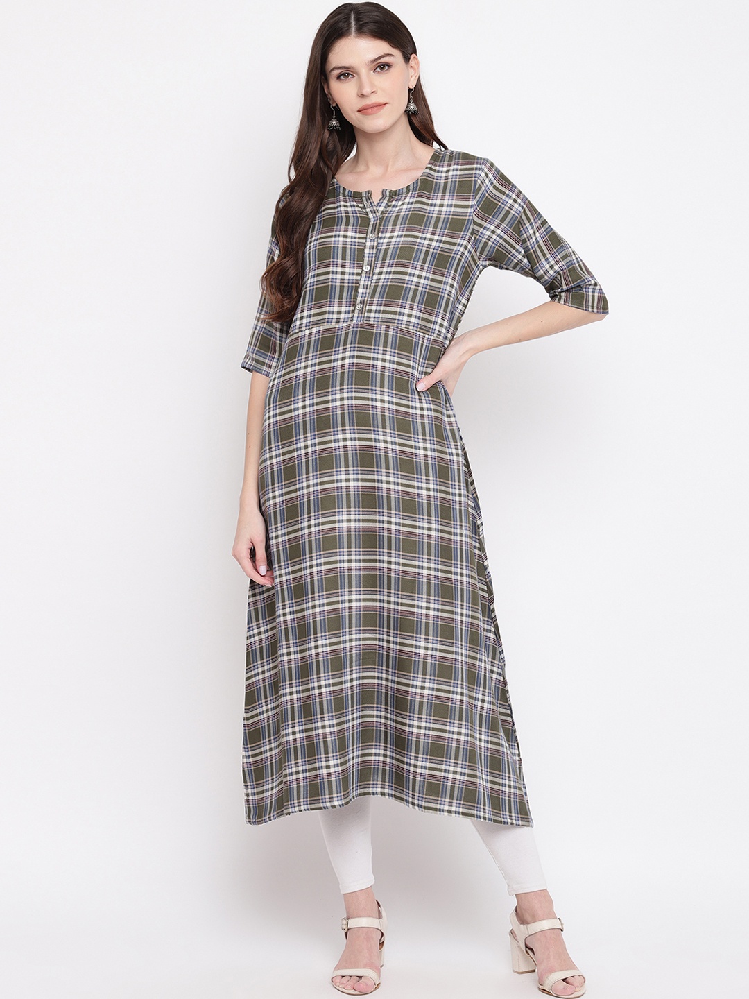 

Vbuyz Women Green & Beige Checked Anarkali Kurta