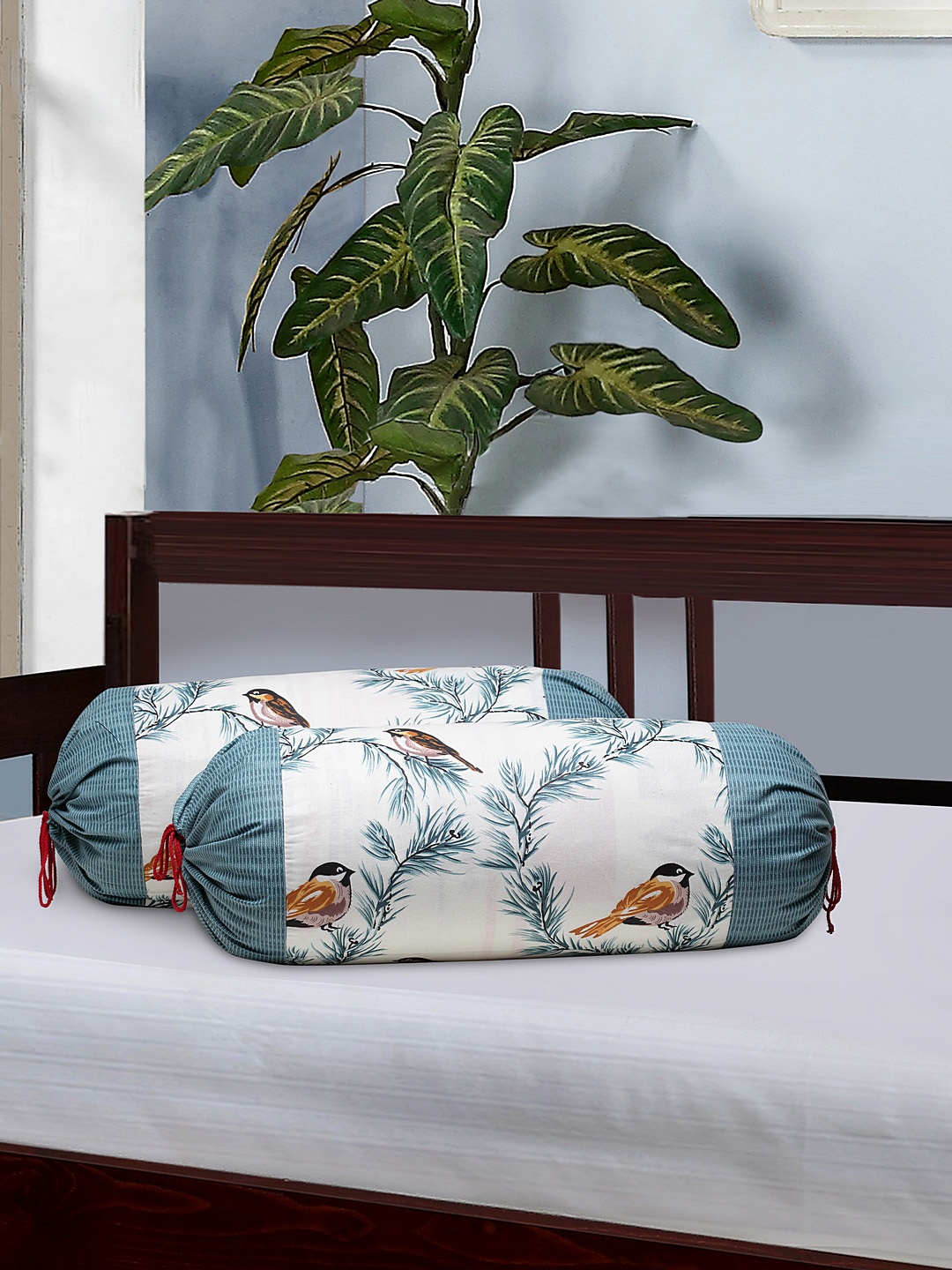 

Rajasthan Decor Set of 2 White & Teal Blue Screen Printed Bolster Covers