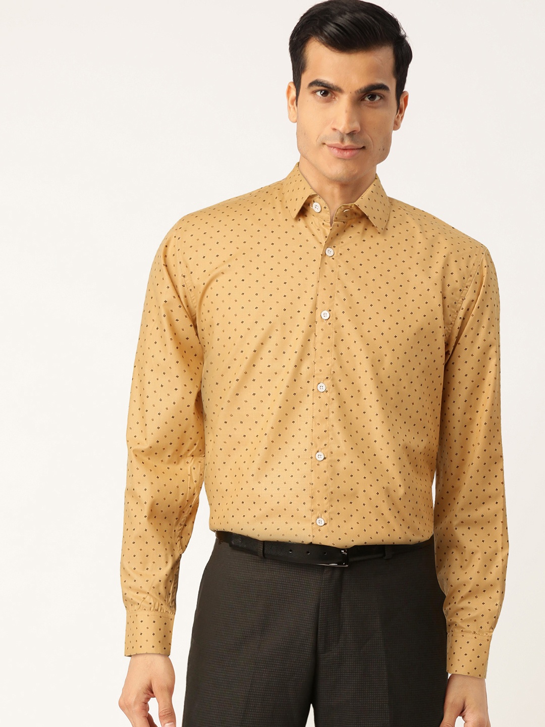 

JAINISH Men Mustard Yellow & Navy Blue Classic Slim Fit Printed Smart Casual Shirt