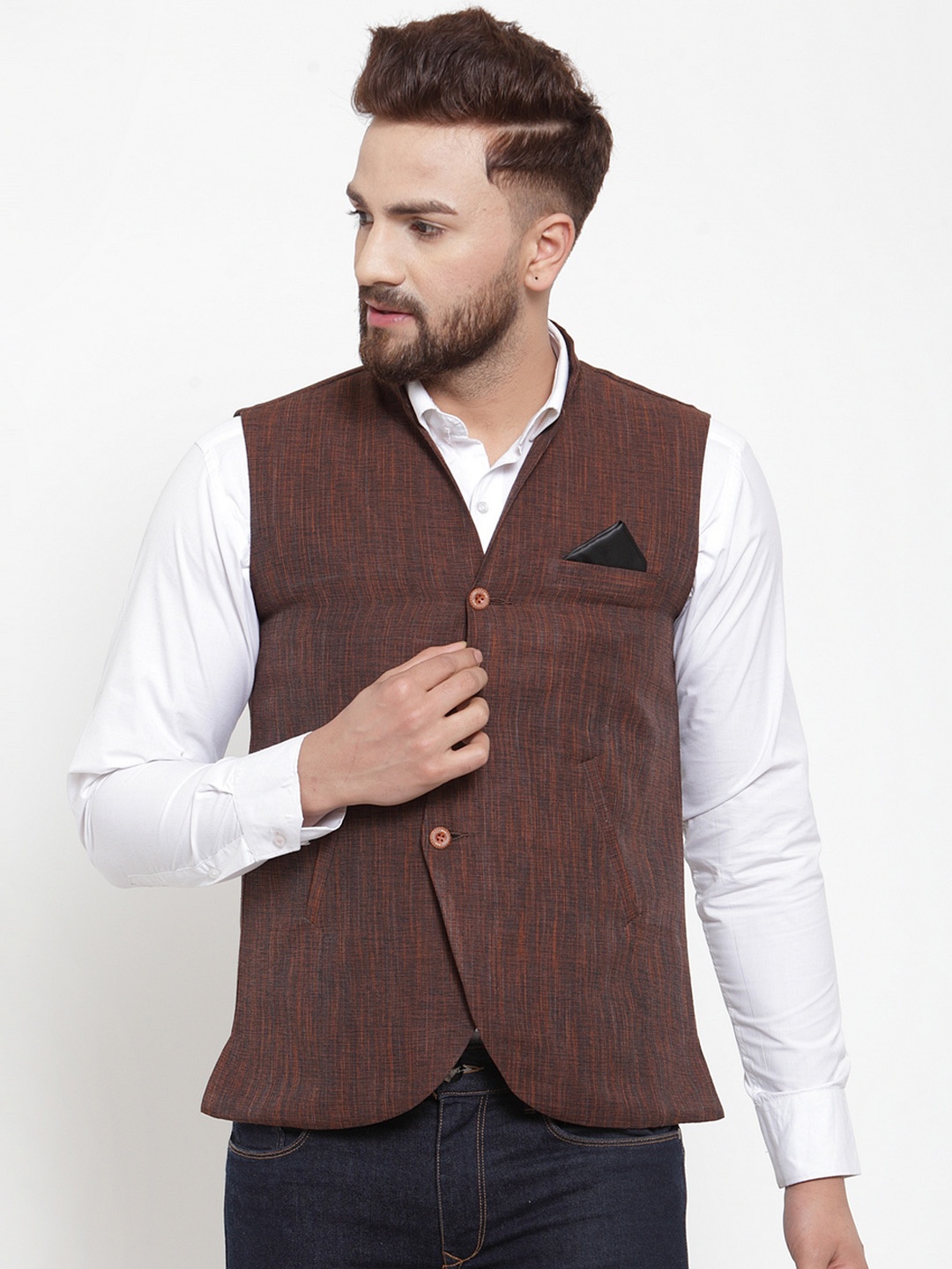 

KLOTTHE Men Brown Woven Design Pure Cotton Nehru Jacket