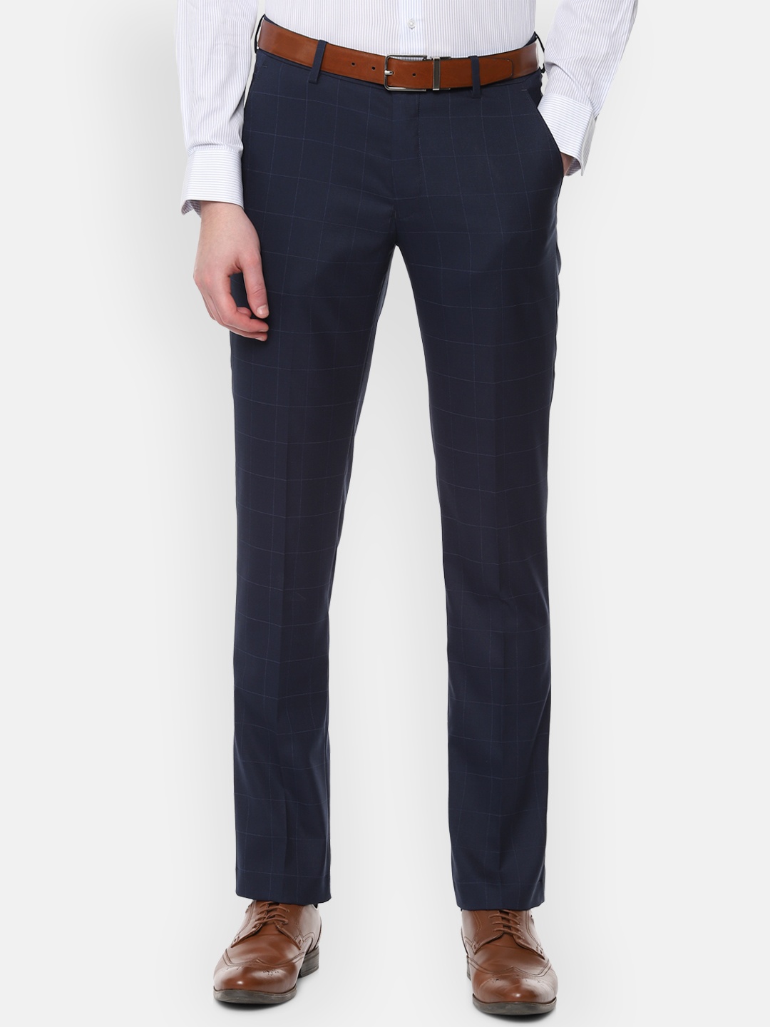 

Louis Philippe Men Navy Blue Slim Fit Checked Formal Trousers