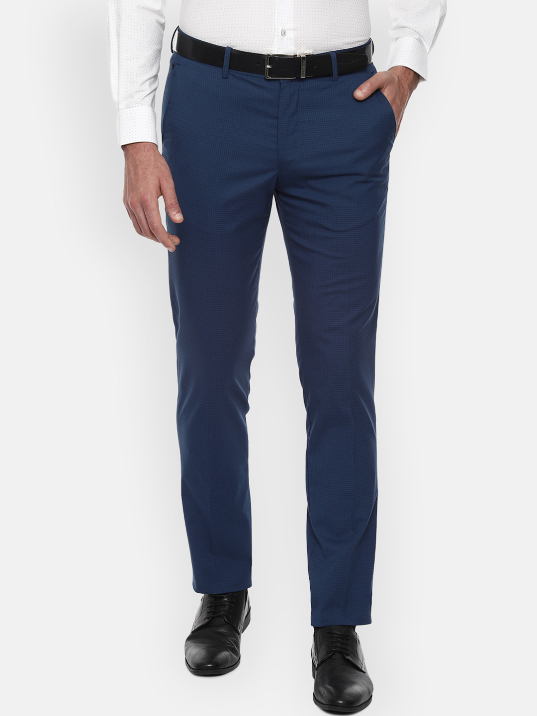 

Louis Philippe Men Navy Blue Slim Fit Checked Formal Trousers