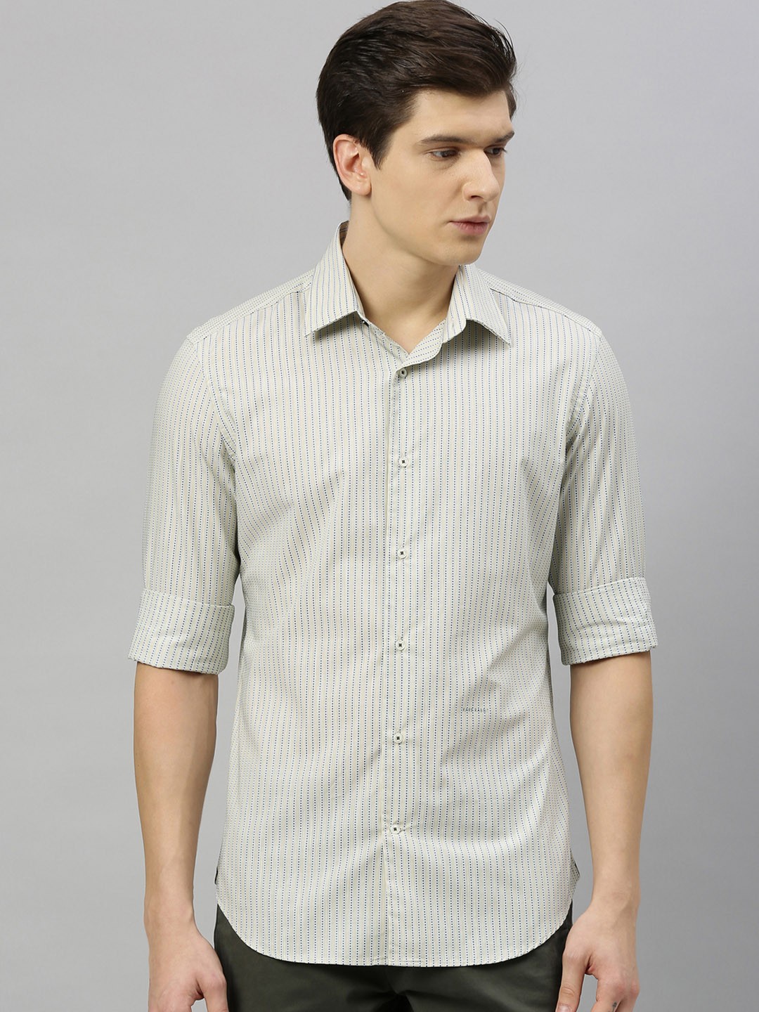 

RARE RABBIT Men Beige & White Tailored Fit Striped Casual Shirt