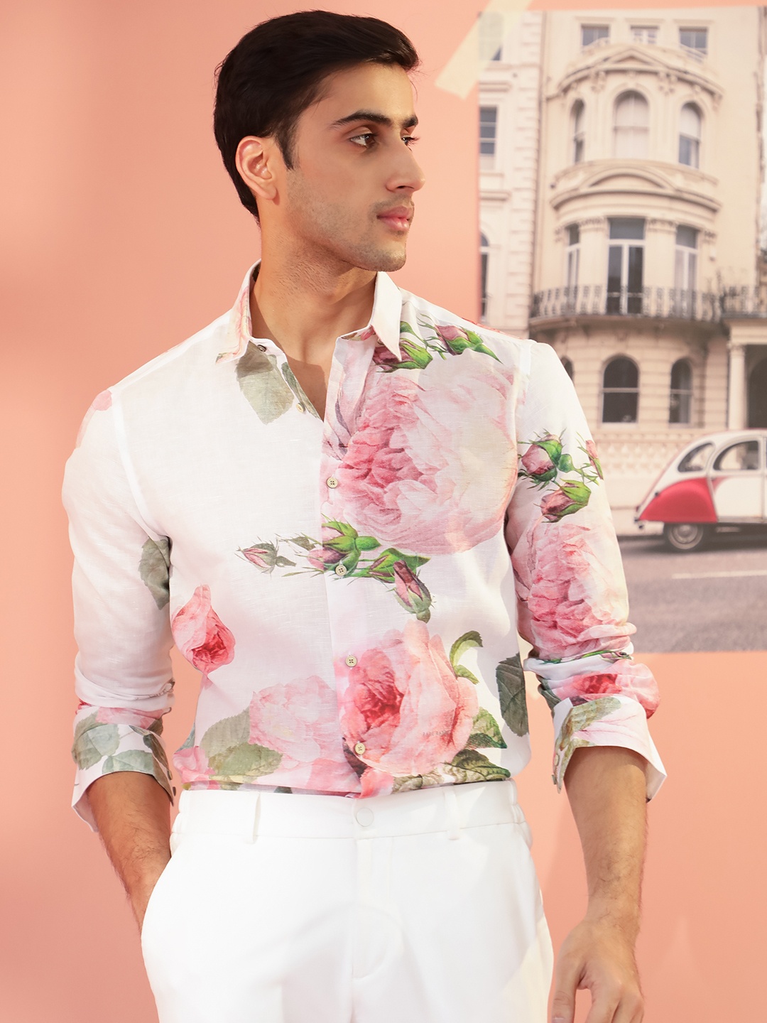

RARE RABBIT Men White & Pink Tailored Fit Floral Print Casual Shirt