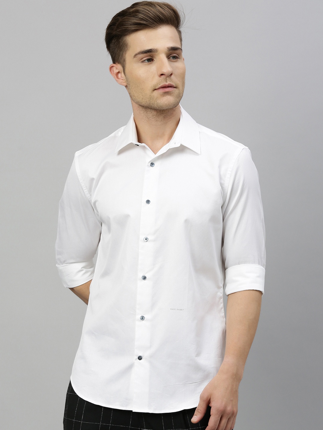 

RARE RABBIT Men White Self Design Tailored Fit Casual Shirt