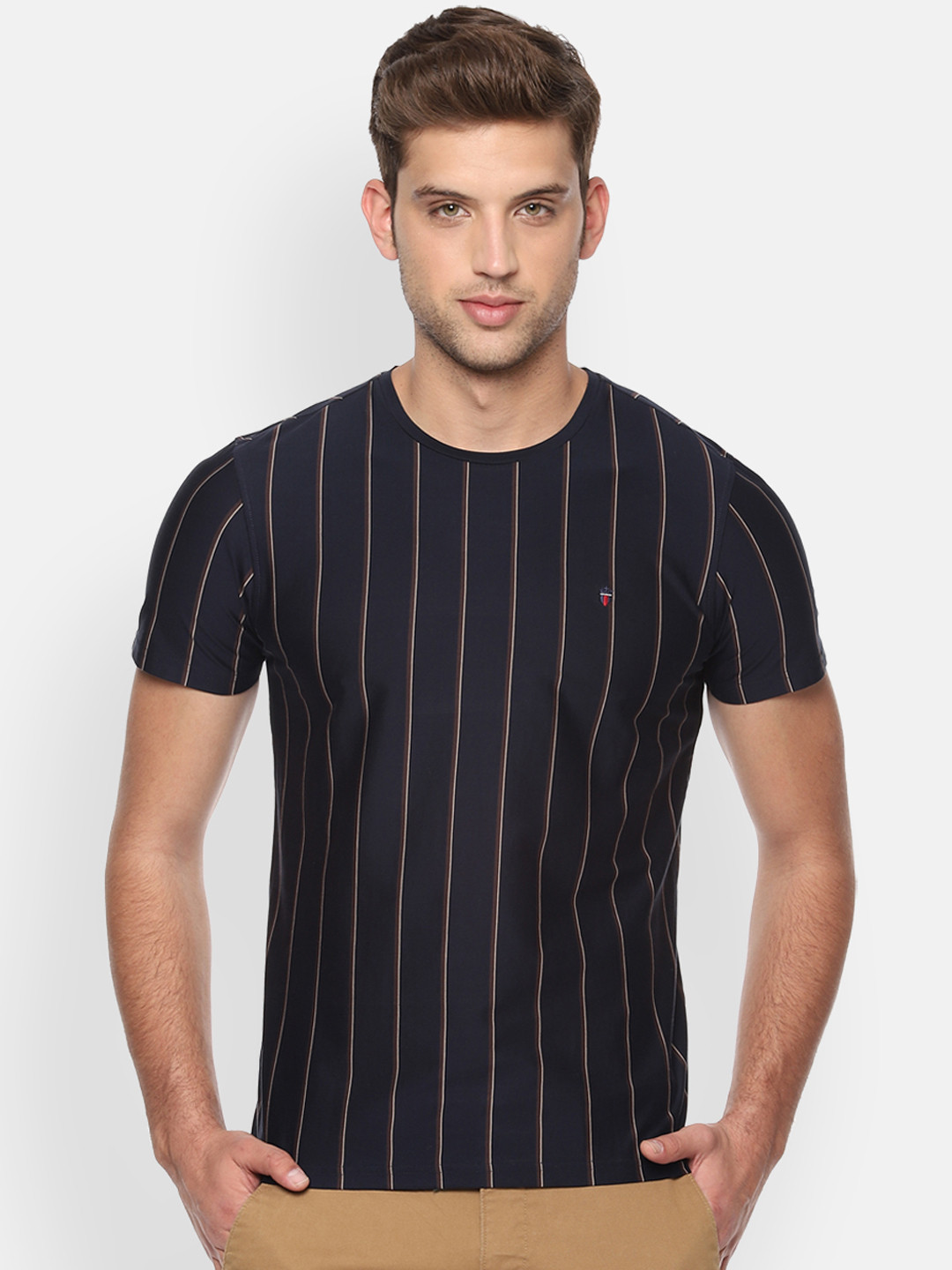 

Louis Philippe Sport Men Navy Blue Striped Round Neck Pure Cotton T-shirt