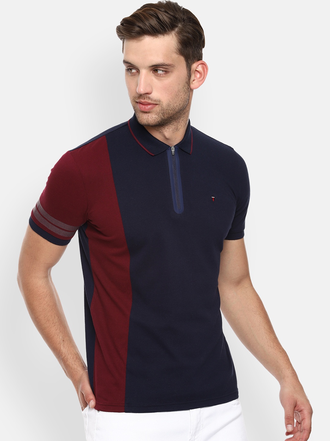 

Louis Philippe Sport Men Navy Blue & Brown Colourblocked Slim Fit Polo Collar T-shirt