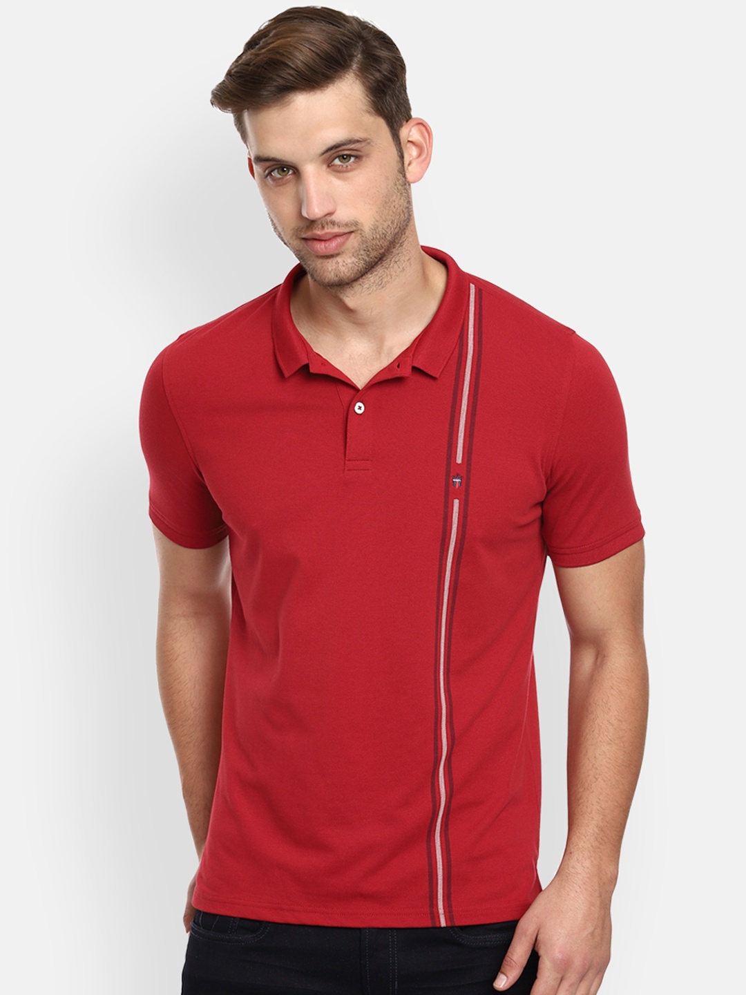 

Louis Philippe Sport Men Red & White Striped Slim Fit Polo Collar T-shirt