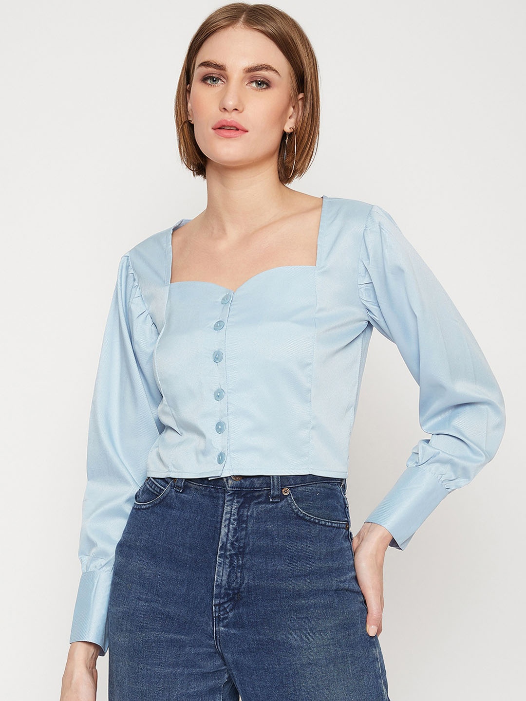 

Marie Claire Women Blue Solid Fitted Crop Top