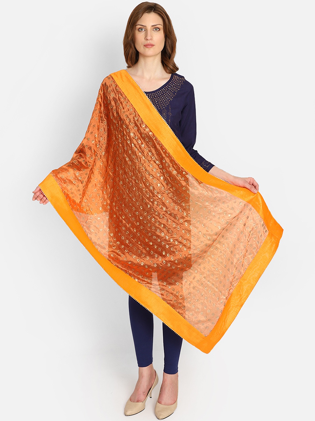

amraoo Orange & Gold-Coloured Block Printed Dupatta