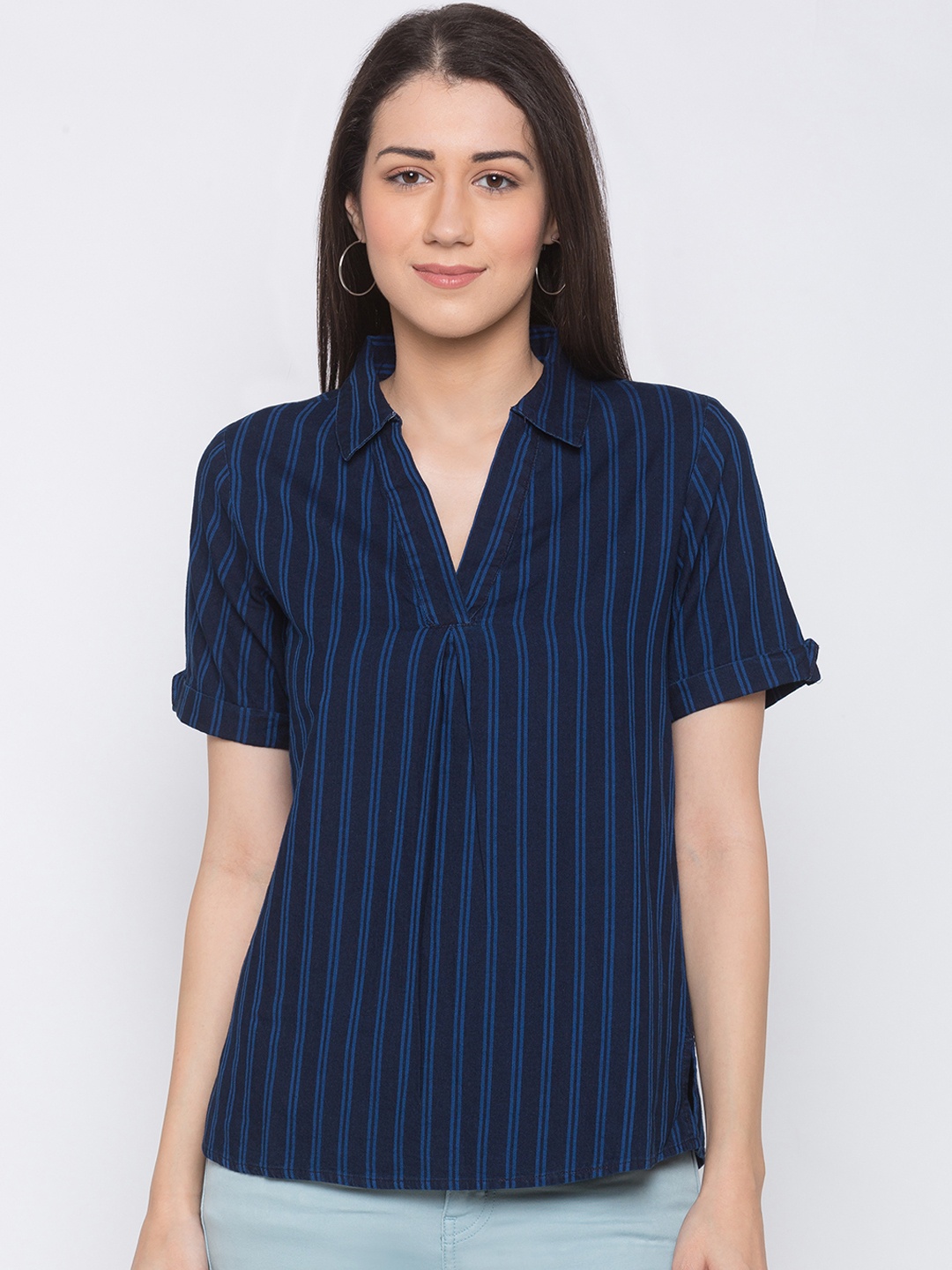 

Globus Women Navy Blue Striped Casual Shirt