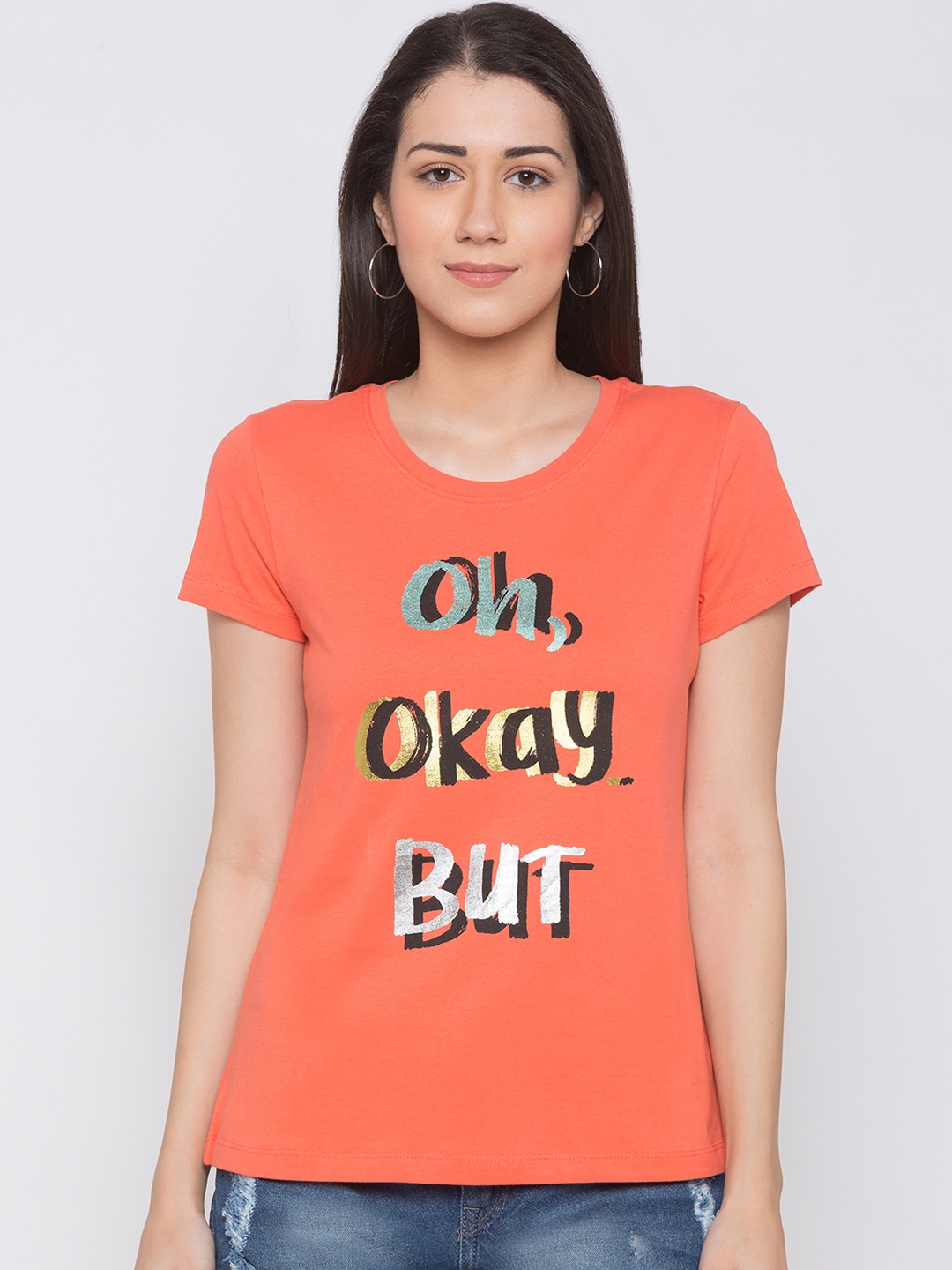

Globus Women Orange Printed Round Neck T-shirt