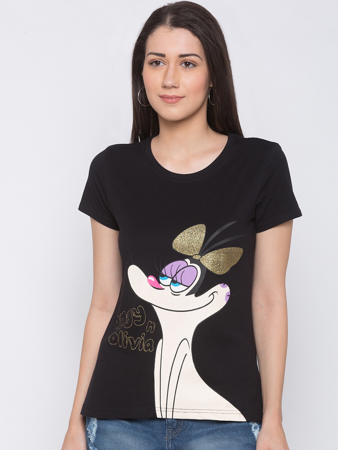 

Globus Women Black Oggy & the Cockroachs Printed Round Neck T-shirt