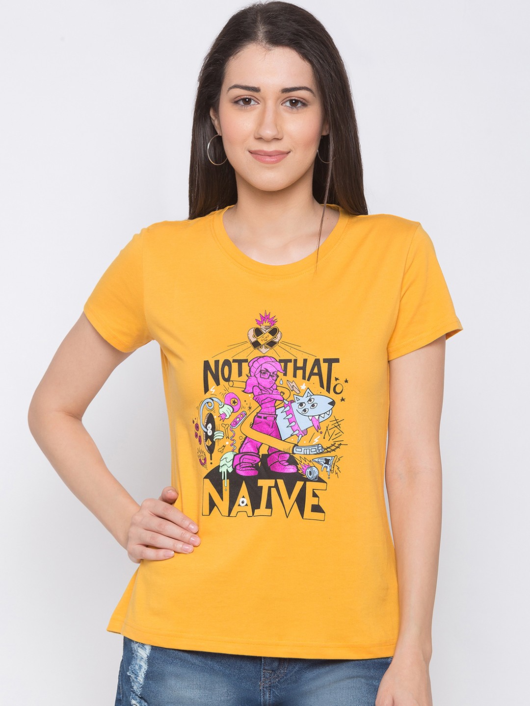 

Globus Women Mustard Yellow Printed Round Neck T-shirt