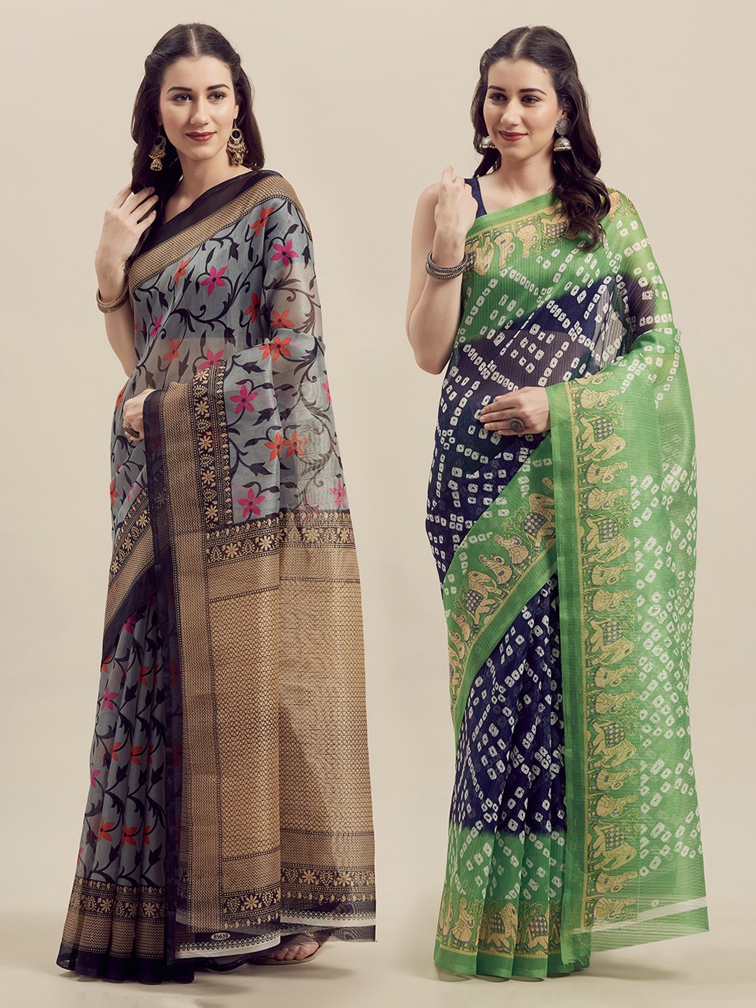 

Silk Bazar Grey & Green Pack of 2 Art Silk Printed Bhagalpuri Saree