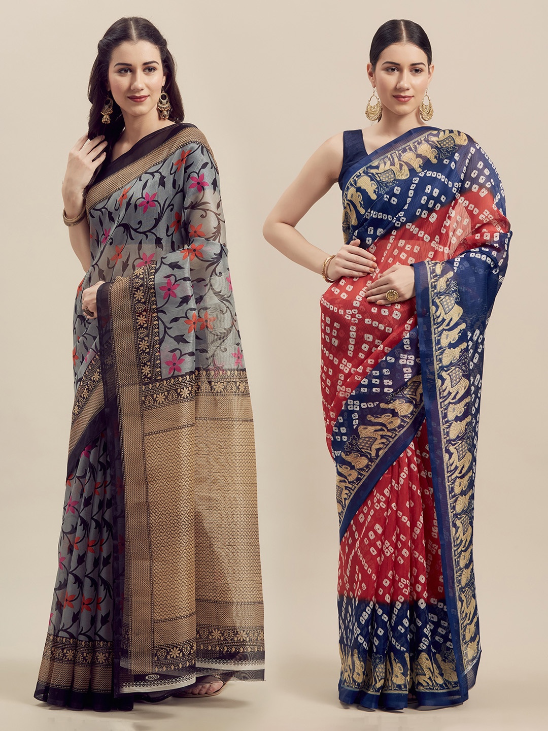 

Silk Bazar Grey & Red Pack of 2 Art Silk Printed Bhagalpuri Saree