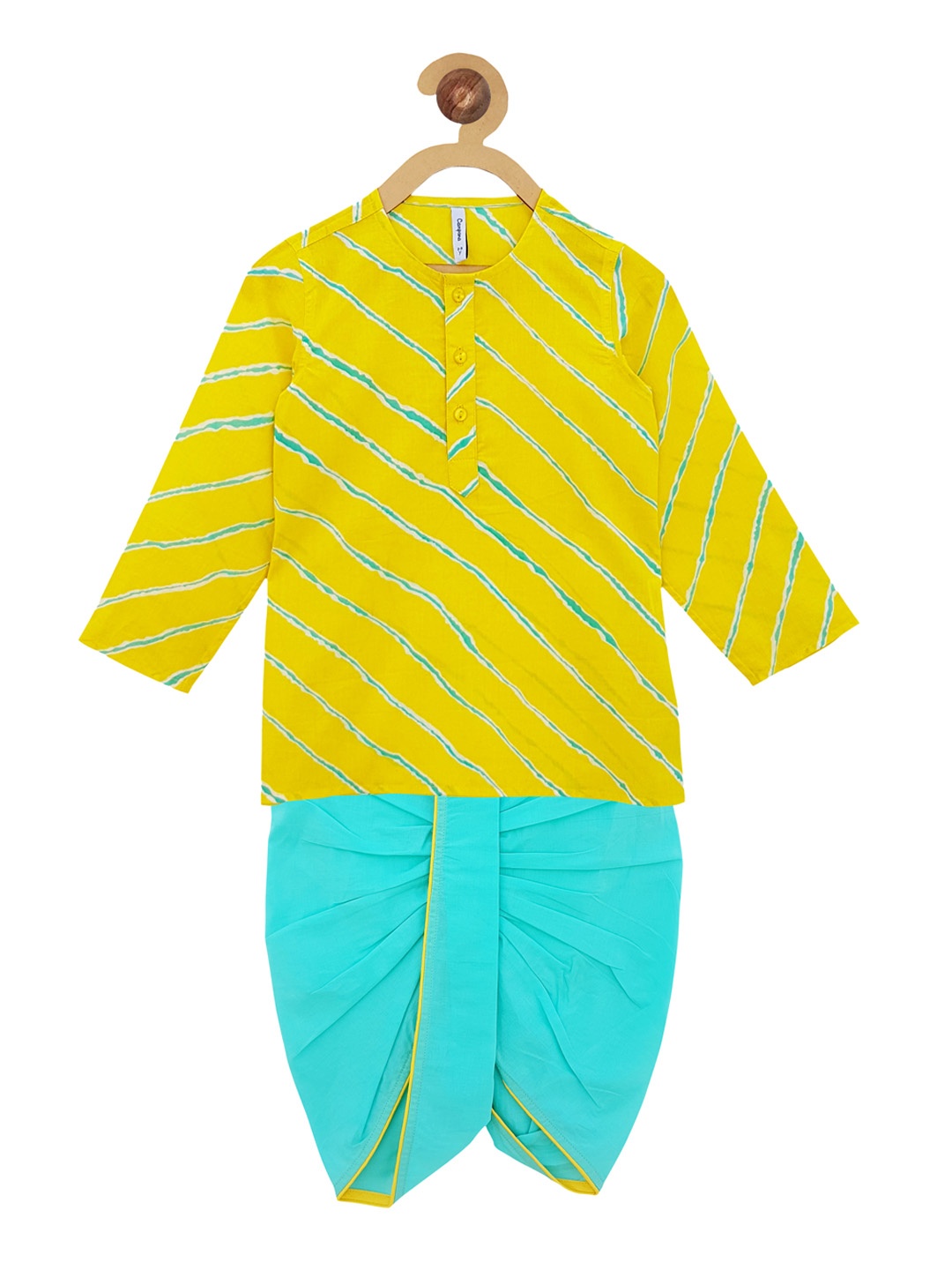 

Campana Boys Yellow & Turquoise Blue Lehriya Print Kurta with Dhoti Pants