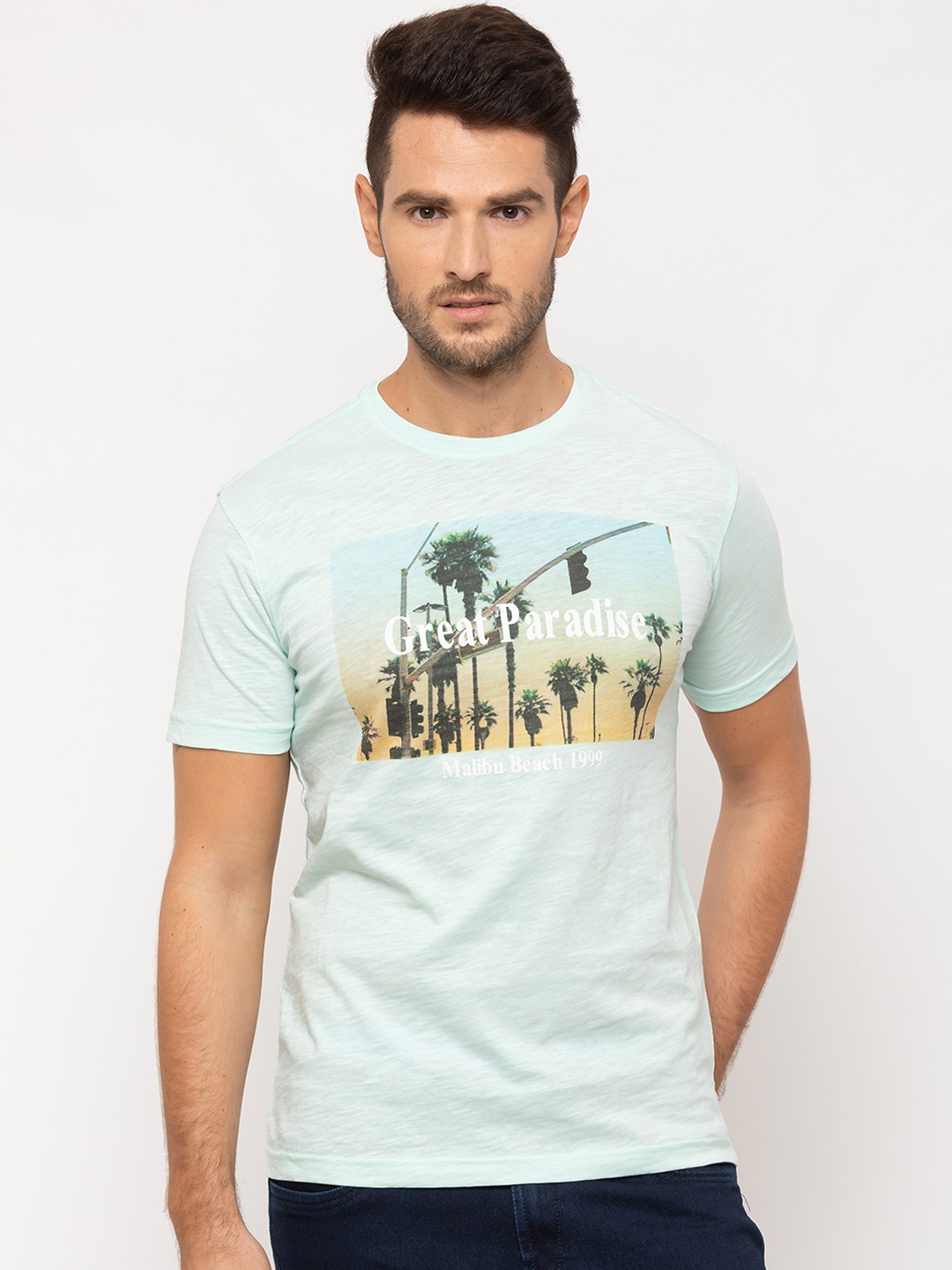 

Globus Men Green & Brown Printed Slim Fit Round Neck T-shirt