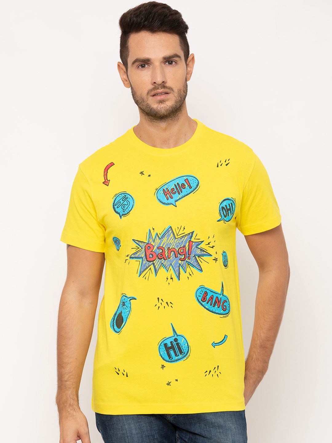 

Globus Men Yellow & Turquoise Blue Printed Round Neck T-shirt