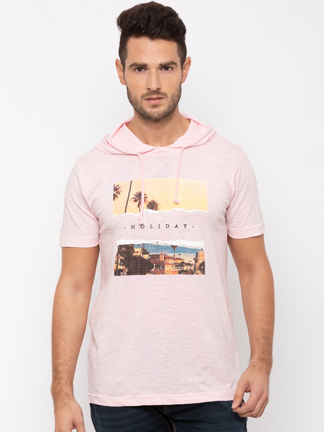 

Globus Men Pink & Brown Printed Slim Fit Hood T-shirt