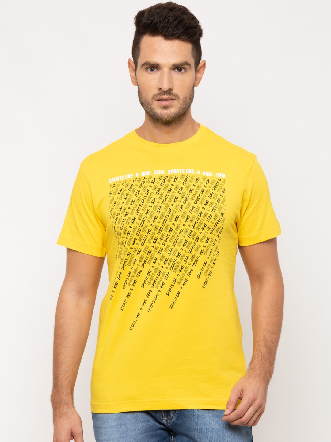 

Globus Men Yellow & Black Printed Round Neck T-shirt