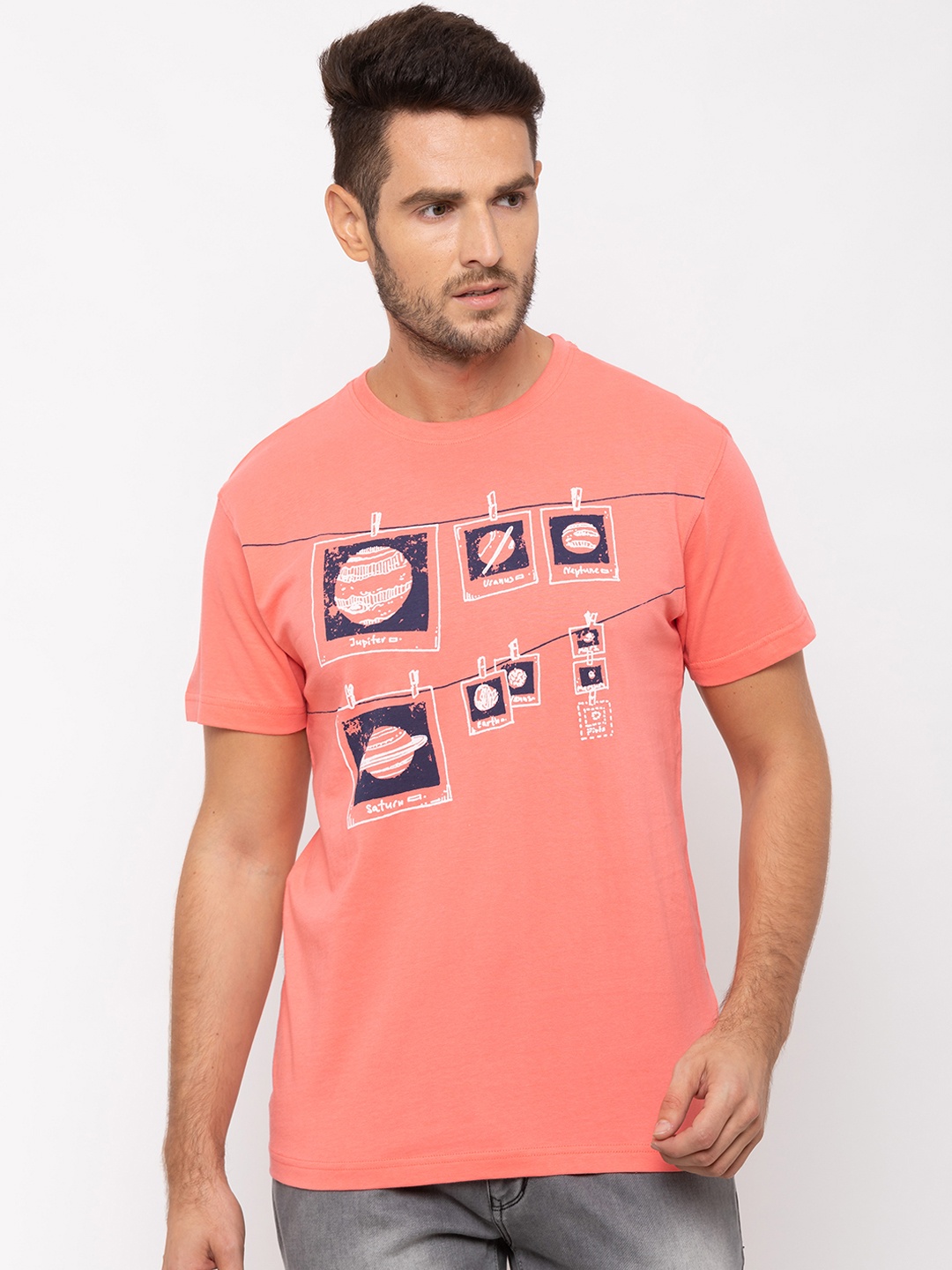 

Globus Men Coral Pink & Navy Blue Printed Round Neck T-shirt