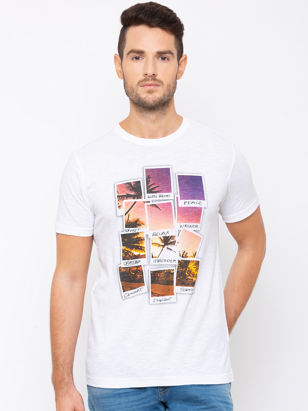 

Globus Men White & Purple Printed Slim Fit Round Neck T-shirt