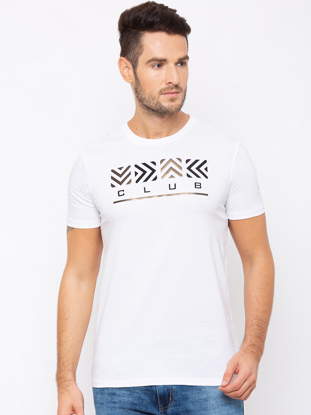 

Globus Men White & Black Printed Slim Fit Round Neck T-shirt