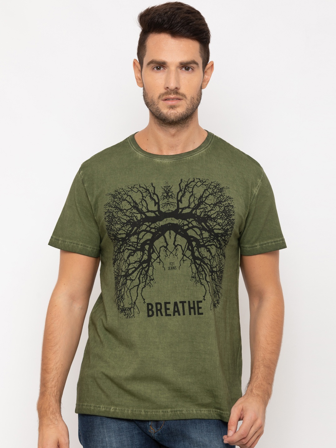 

Globus Men Olive Green Printed Round Neck T-shirt