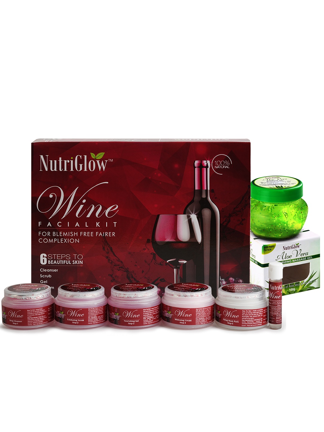 

NutriGlow Combo of Wine Facial Kit 250g+10ml & Aloe Vera Massage Gel 100g, Multi