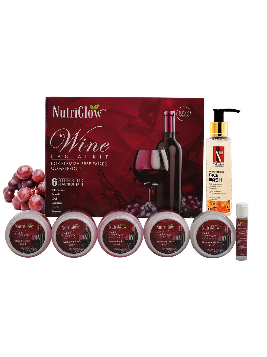 

NutriGlow Set of 2 Sustainable Wine Facial Kit 250g+10ml & Skin Whitening Face Wash 100ml, Multi